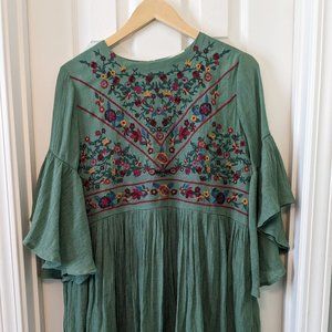 Green Floral Embroidered Boho Babydoll Mini Dress
